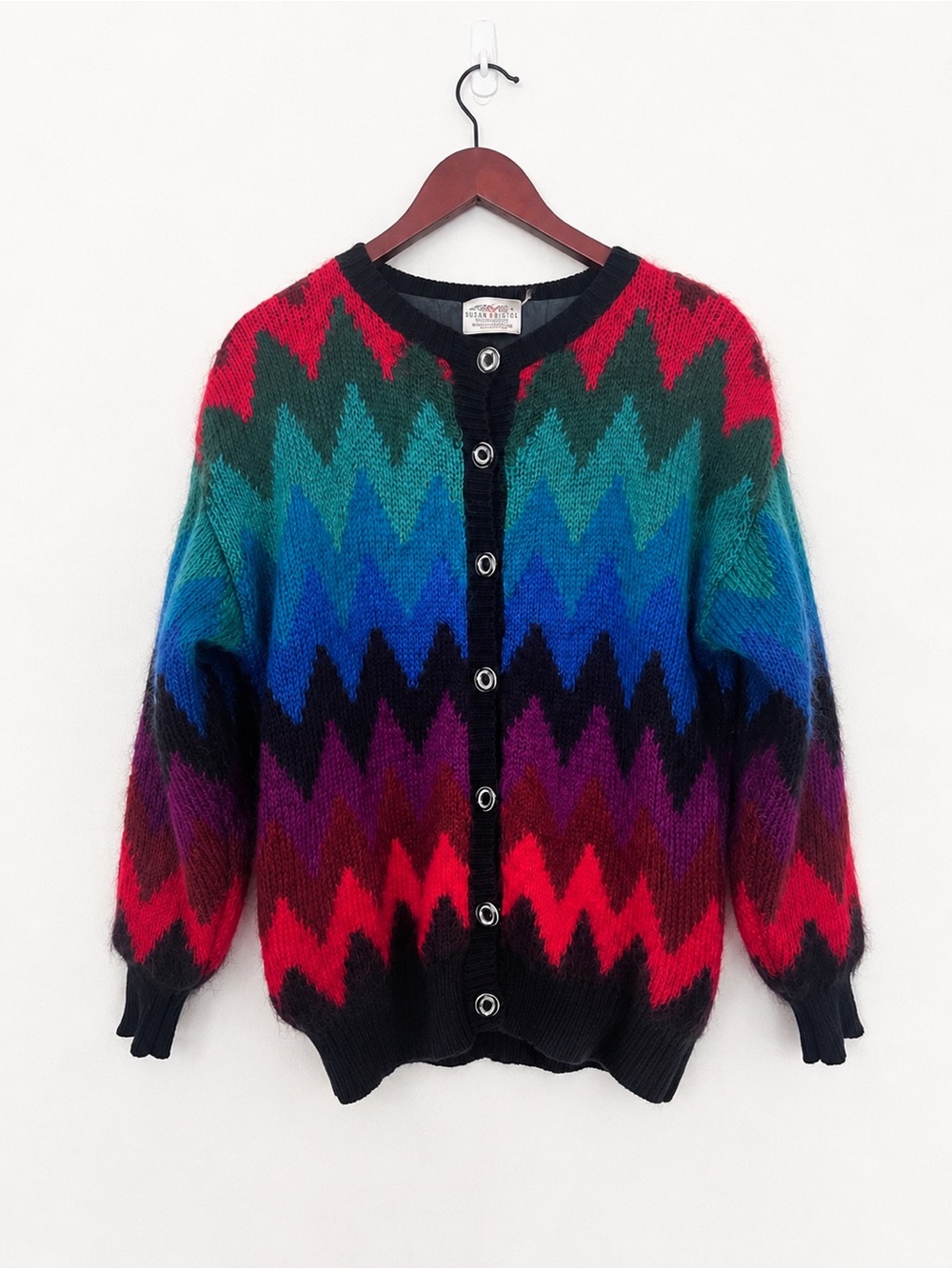 Vintage Susan Bristol Mohair Blend Cardigan Sweater | Colorful Zigzag Pattern |